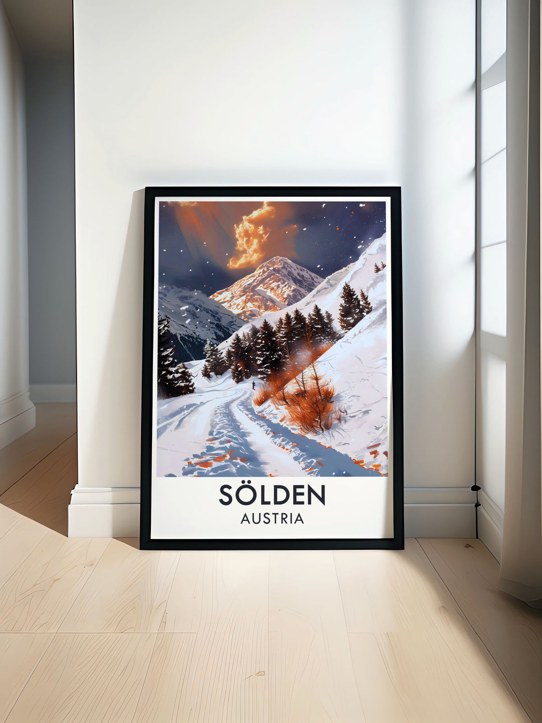 This poster of Solden captures the breathtaking mountain scenery and vibrant energy of the ski resort and glacier, inviting viewers to experience the unique charm and adventure of the Austrian Alps.
