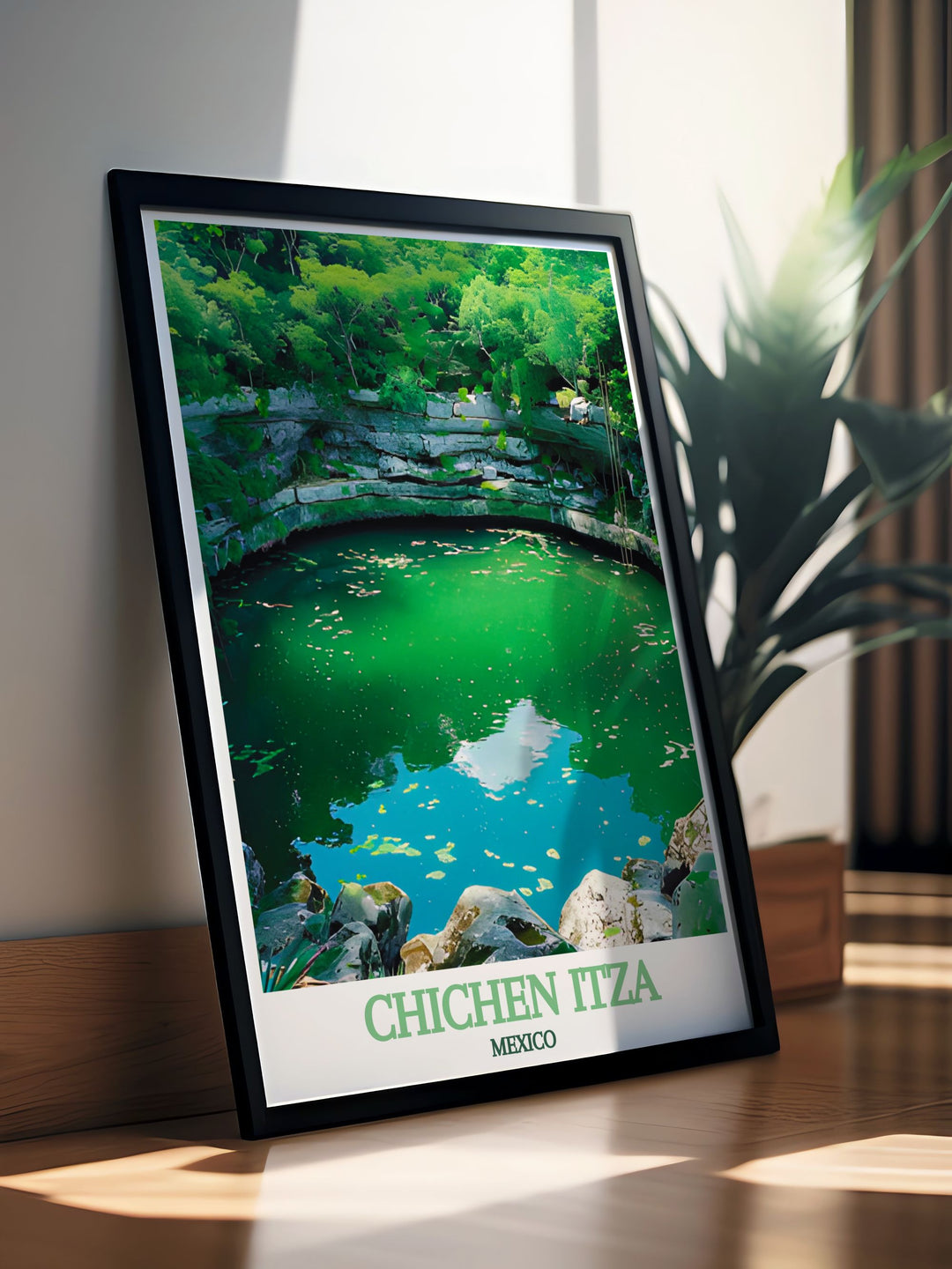 This Sacred Cenote travel poster beautifully captures the peaceful and mystical presence of the cenote. Perfect for adding a historical and sophisticated touch to your decor, this art print reflects the rich heritage of Chichen Itza.