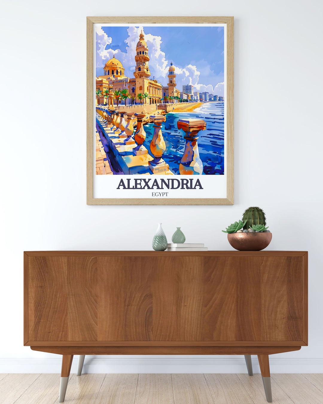 This Alexandria Egypt map art print highlights Stanley Beach and Corniche Promenade Cathedral in a vibrant and colorful design. Ideal for home or office decor, this print brings the citys rich heritage and stunning architecture to your walls.
