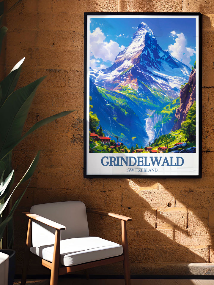 A beautiful Grindelwald First poster featuring Eiger mountain and the stunning Swiss Alps. This artwork is ideal for adding a touch of Alpine charm to your decor with its detailed and vibrant illustration.