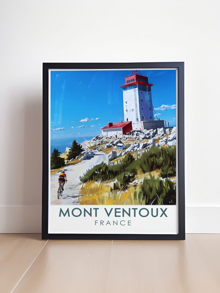 Cycle touring prints featuring Mont Ventoux summit and French Alps perfect for adding a touch of adventure to your living room decor