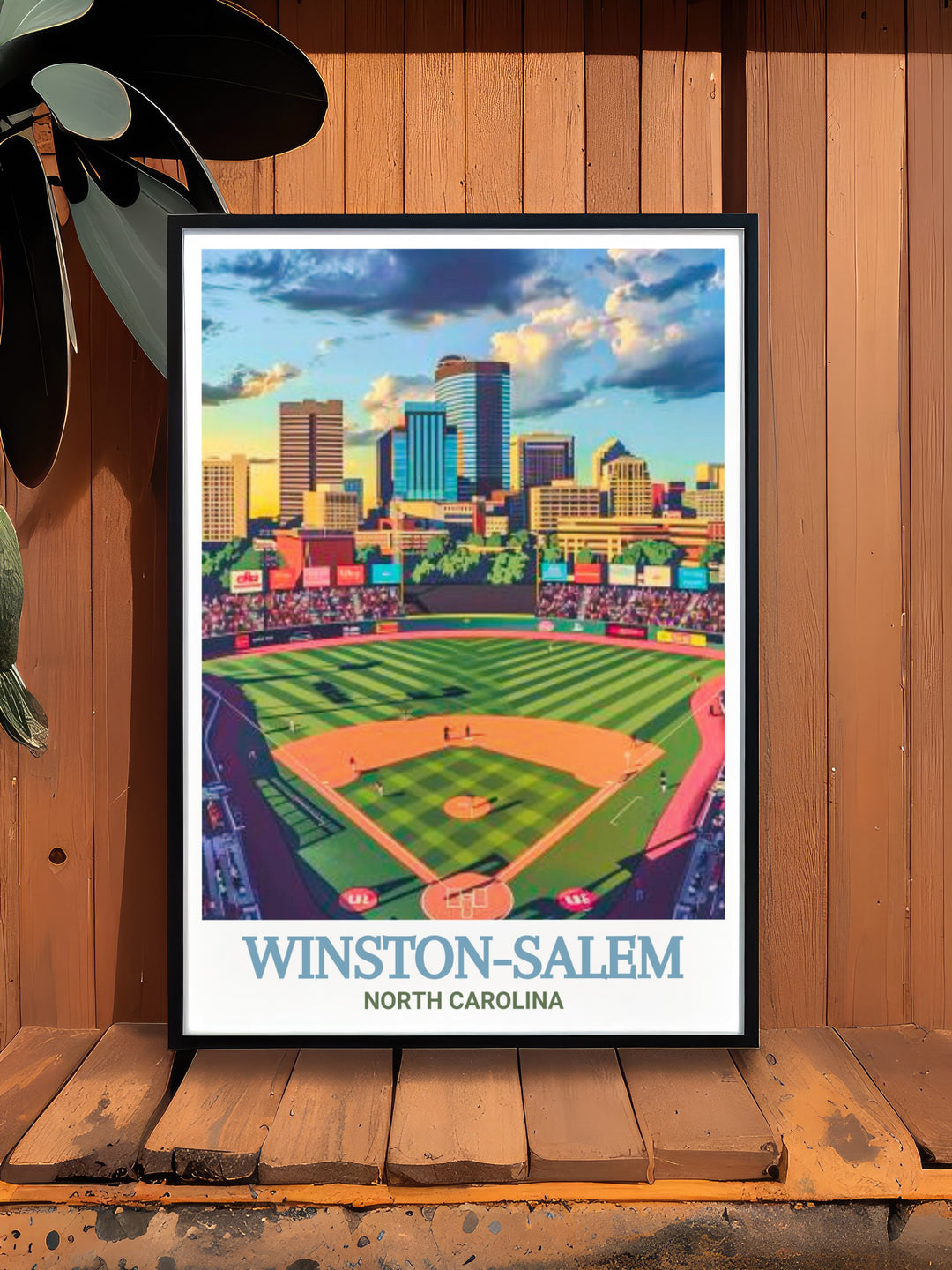 Colorful art print of BB&T Ballpark in Winston Salem. This piece celebrates the architectural beauty and lively ambiance of the ballpark, making it a great gift for sports fans and city lovers alike.