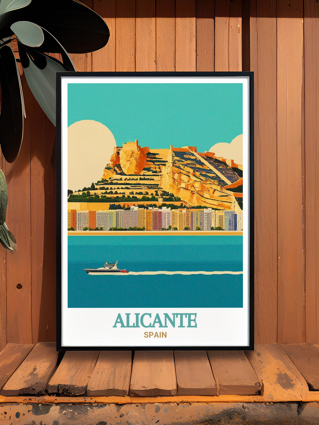 Vintage travel print of Castillo de Santa Bárbara in Alicante, showcasing the fortresss impressive architecture and panoramic views. Ideal for adding a touch of history and elegance to any space, this poster brings a piece of Alicantes charm into your decor.