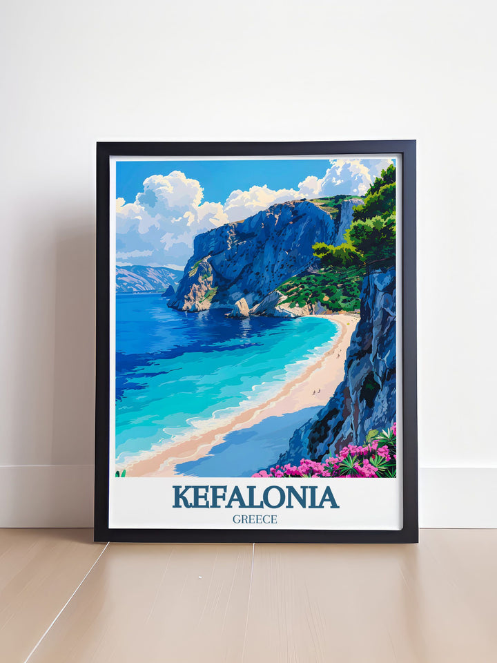 This stunning Kefalonia poster features Myrtos Beach with its bright turquoise waters and dramatic cliffs, paired with the majestic Agia Dynati Mountain in the background. Perfect for adding a touch of Greek island charm to any space, this artwork celebrates the natural beauty of Kefalonia.