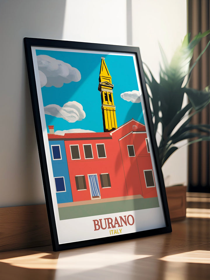 Captivating Burano Poster depicting the colorful houses and the historic San Martino Church. Perfect for adding a splash of color and Italian charm to any living space.