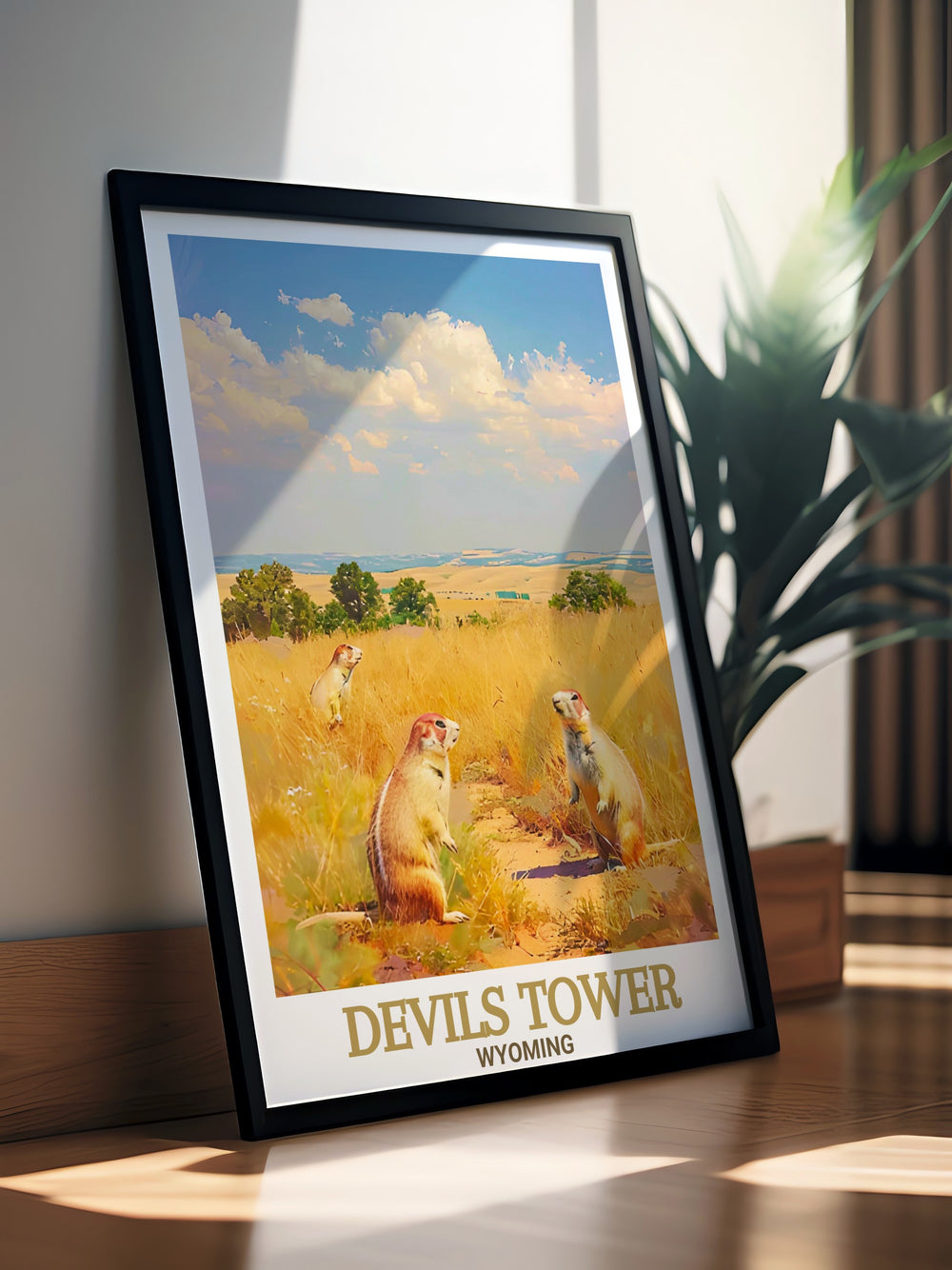 A stunning Devils Tower print showcasing the majestic Wyoming landmark alongside the playful Prairie Dog Town. This Wyoming wall art adds a touch of adventure and natural beauty to any room making it an ideal gift for nature lovers.