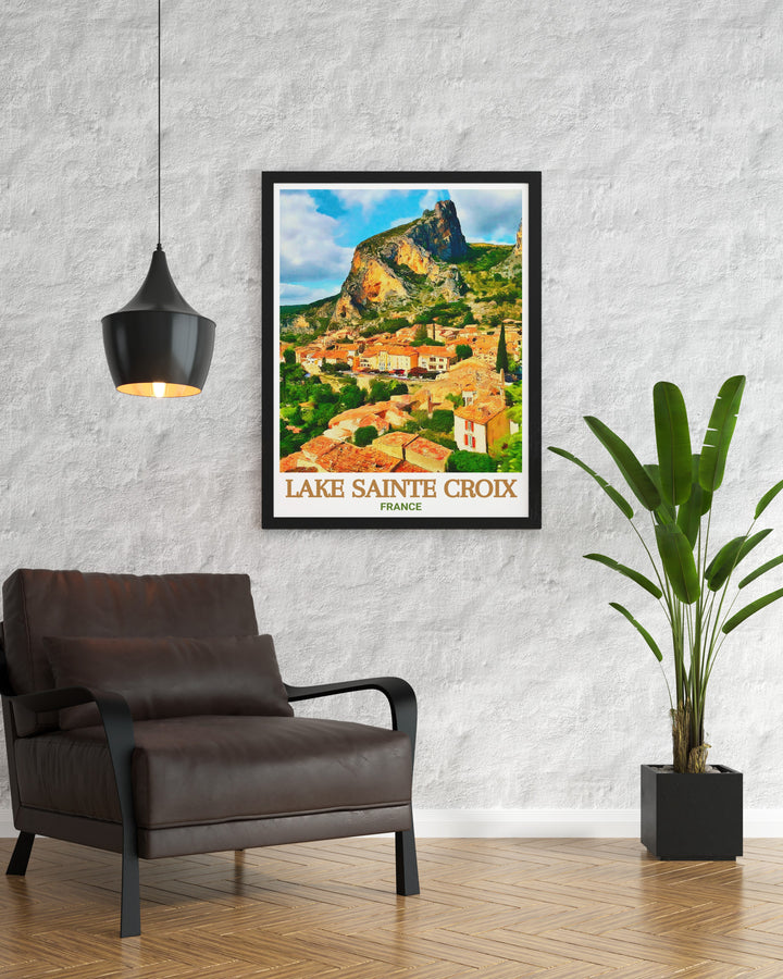 An art print capturing the tranquil beauty of Lake Sainte Croix with its turquoise waters set against the lush hills of Provence. This artwork brings the peacefulness of one of Frances most serene lakes into your home, making it a perfect addition to any room.