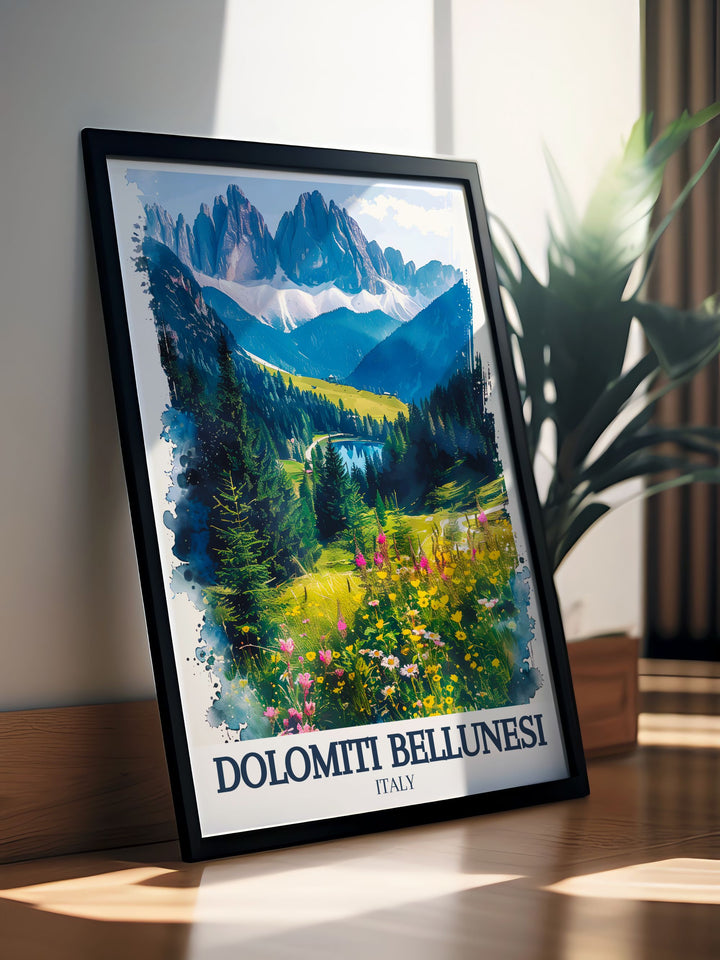 National Park poster featuring the dramatic rock formations and serene alpine meadows of the Dolomite range in Italy a must have for nature lovers and art collectors.