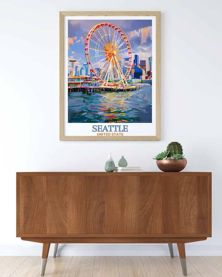 The Great Wheel is the focal point of this Seattle poster, surrounded by the citys skyline. A striking piece of wall art for anyone looking to celebrate the best of Washingtons urban landmarks.