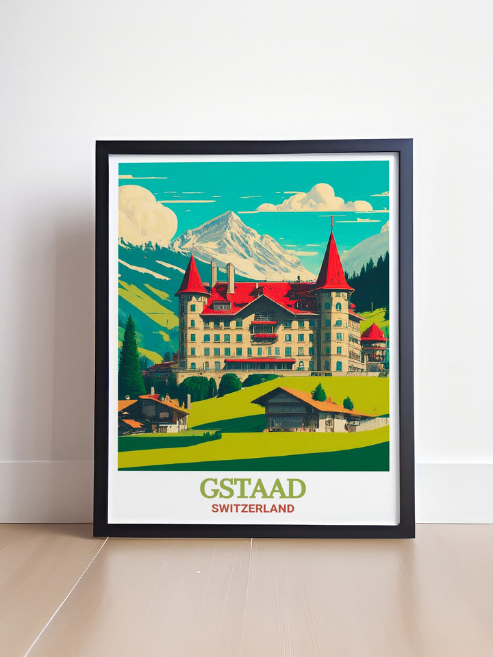 The Gstaad travel print highlights the beauty of one of Switzerlands most beloved alpine towns. This print offers a scenic view of Gstaads traditional chalets and breathtaking mountains, capturing the towns peaceful atmosphere. Perfect for any travel lover, this print brings the beauty of Swiss nature and architecture into your home.