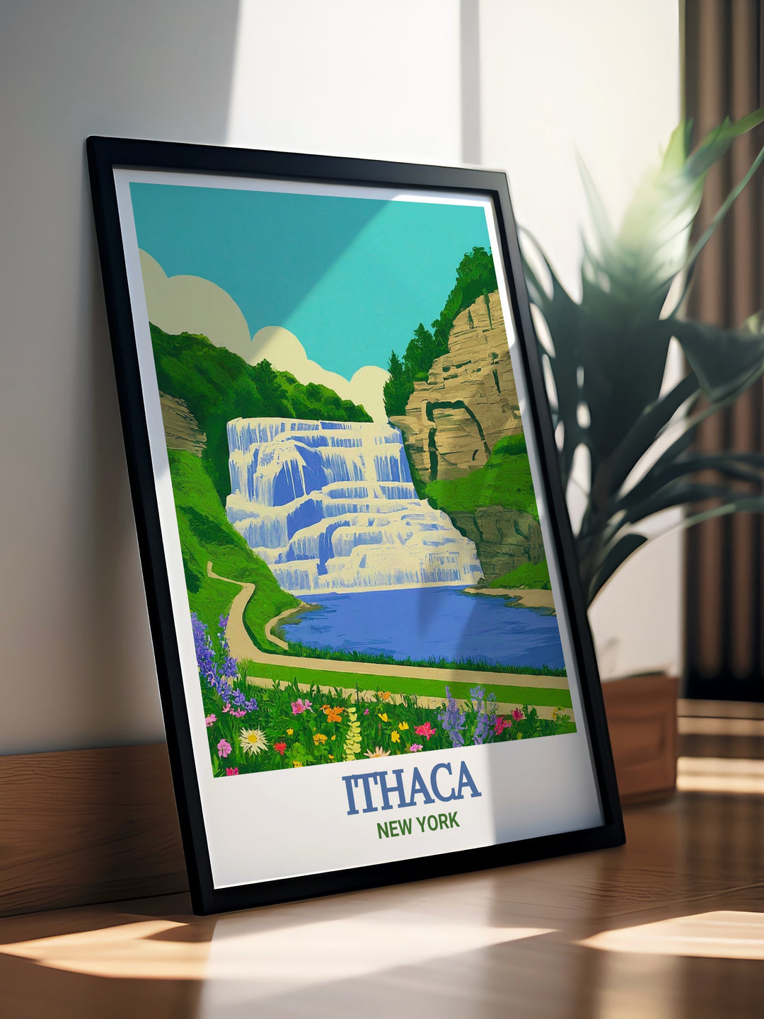 Scenic Ithaca Falls poster from New York State, highlighting the breathtaking landscape. This exquisite artwork brings the serene beauty of Ithaca Falls into your living space. Perfect for nature lovers and art enthusiasts who appreciate tranquil and picturesque views.