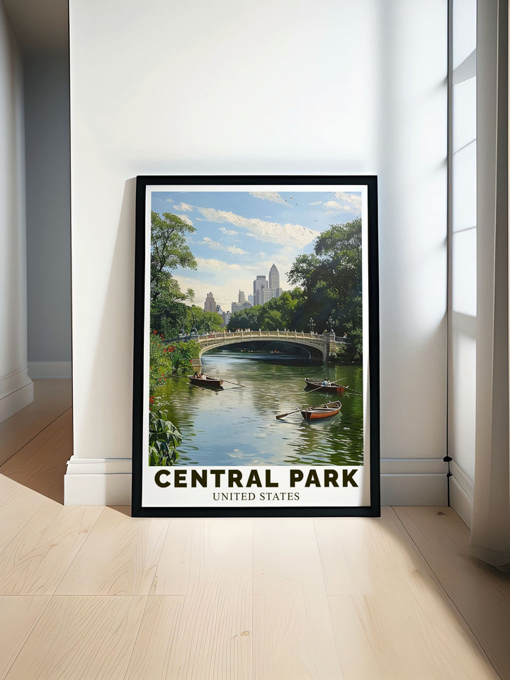 The picturesque scenery of Central Park with Bow Bridge as a focal point is featured in this vibrant travel poster, perfect for adding New York Citys unique charm to your home.