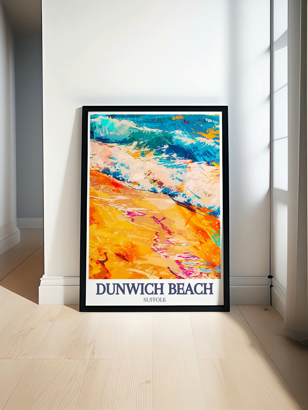 Dunwich Beach poster print captures the peaceful beauty of this Suffolk coastline, where the serene sands meet the expansive North Sea. This travel print brings the calm and tranquility of the English coast into your home, perfect for coastal décor lovers and beach enthusiasts.