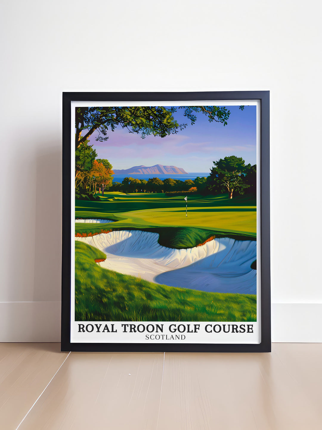 Royal Troon golf course print with the Postage Stamp hole and Isle of Arran perfect for golf enthusiasts who admire open golf tournaments and Scottish art this artwork offers a stunning view of the course and the natural beauty of the surrounding landscape.