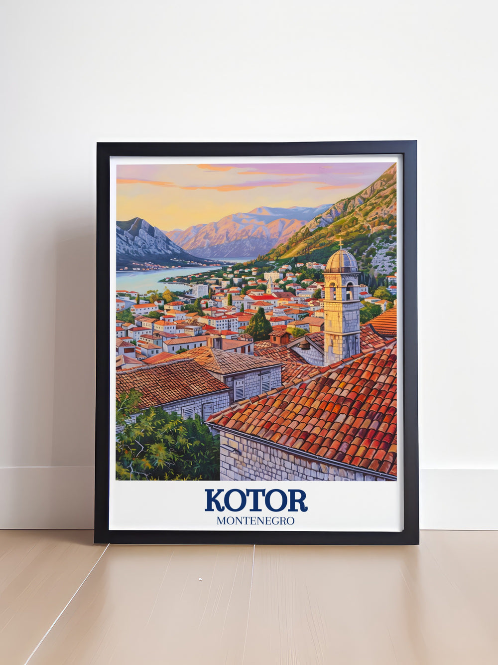 A vibrant art print showcasing the Church of Our Lady of Remedy and Kotor Old Town. This wall art is ideal for anyone looking to bring the beauty of Montenegro into their home, making it a perfect Europe travel gift or personal keepsake.