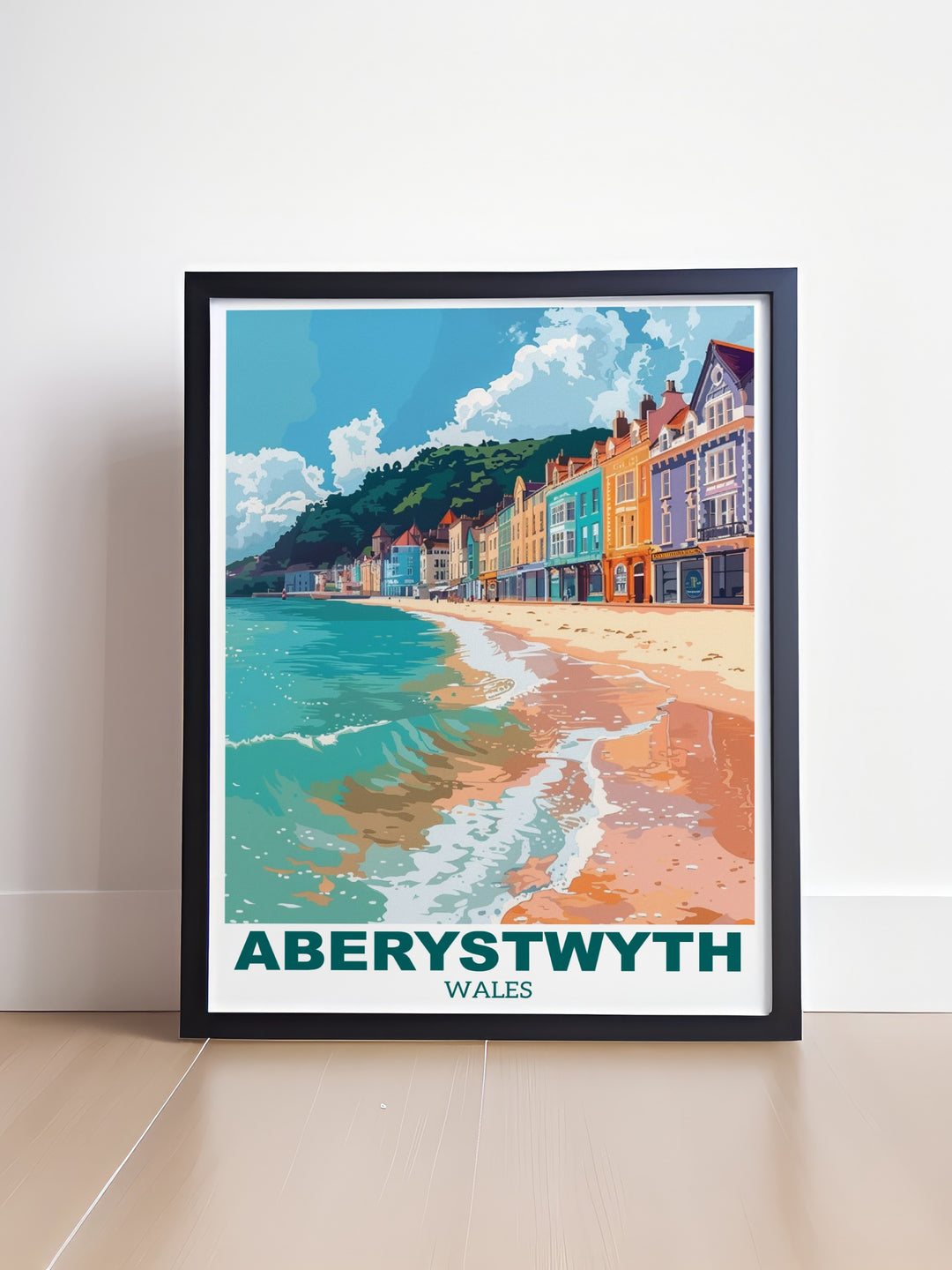 Featuring Aberystwyths famous waterfront, this travel print beautifully captures the coastal charm of this Welsh town. With detailed illustrations of the pier and seafront, this artwork adds a touch of natural beauty and historical significance to your home or office space.