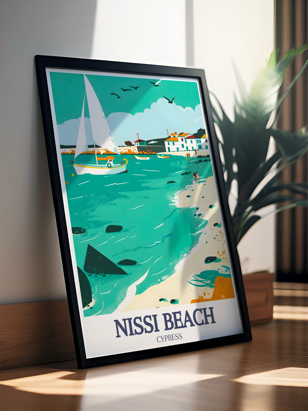 Featuring the tranquil Nissi Beach and bustling Ayia Napa Harbor, this print brings a piece of Cyprus into your home. Ideal as wall art, this framed art captures the essence of Cyprus, perfect for travel lovers and beach enthusiasts looking to brighten their space.