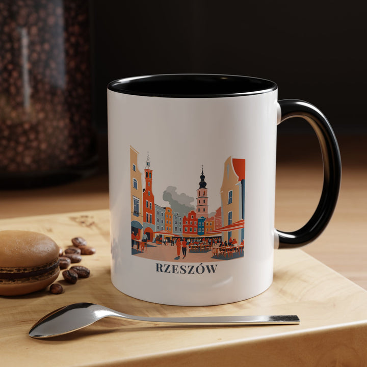 This Rzeszów Poland mug combines artistic beauty with practical functionality. Featuring detailed artwork of the city's scenic views and cultural heritage, it is made from high-quality ceramic, dishwasher safe, and perfect for coffee or tea lovers.