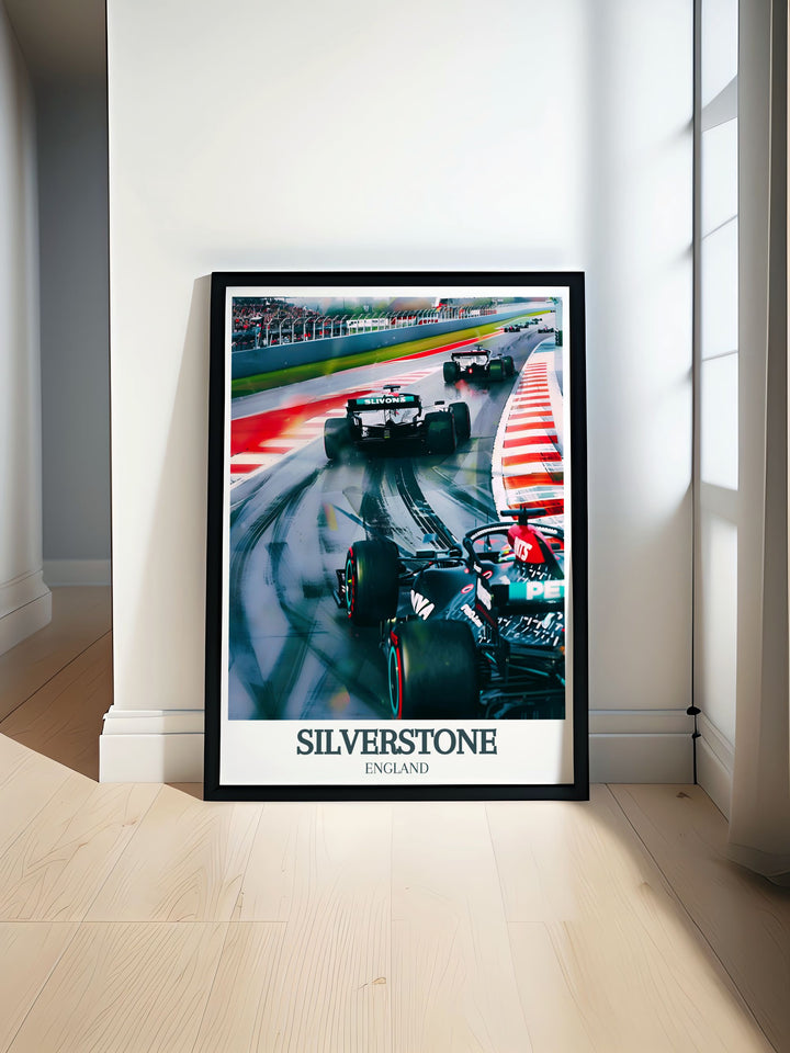 Silverstone Circuit Silverstone Wing racing poster featuring vibrant colors and detailed design highlighting the grandeur of the circuit and the iconic Silverstone Wing. Ideal for adding a touch of excitement to your wall decor and sports home decor.