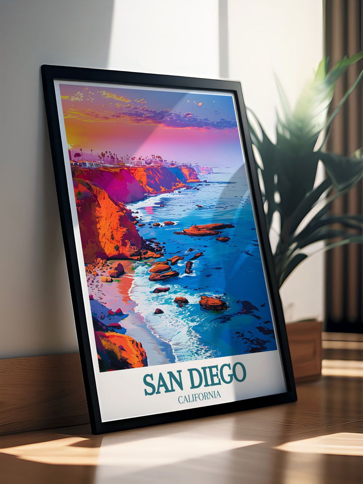 Add the beauty of La Jolla Cove to your home with this captivating print. Featuring the serene waters and dramatic cliffs of San Diego, this artwork is a perfect California gift. Enhance your space with California decor that brings tranquility and coastal charm.