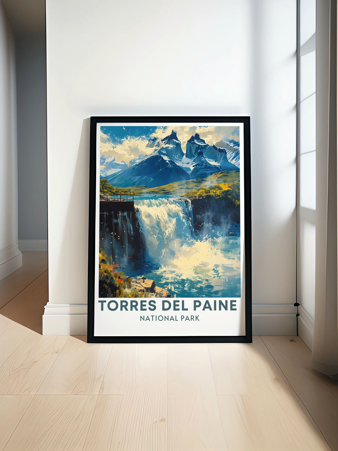 Salto Grande travel poster showcasing the majestic waterfall in Torres Del Paine National Park Patagonia Chile. This vintage print captures the beauty of South American landscapes making it perfect for home decor or as a gift for travel enthusiasts.