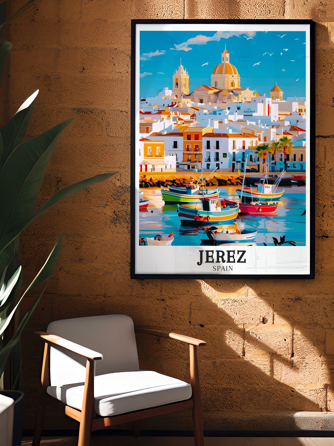 Andalusia vintage poster capturing the essence of Jerez de la Fronteras cathedral and surrounding landscapes. The poster highlights the historic charm of this vibrant city, making it an excellent addition to your art collection or a perfect gift for travelers.