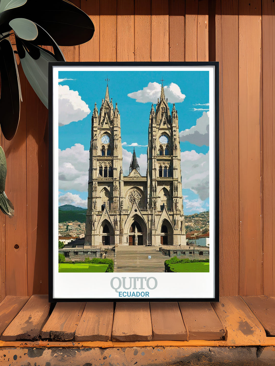 Quito Print featuring the majestic Basílica del Voto Nacional with its towering spires reaching toward the sky. This framed art showcases the grandeur of Ecuadors capital city, making it a stunning addition to your home decor.