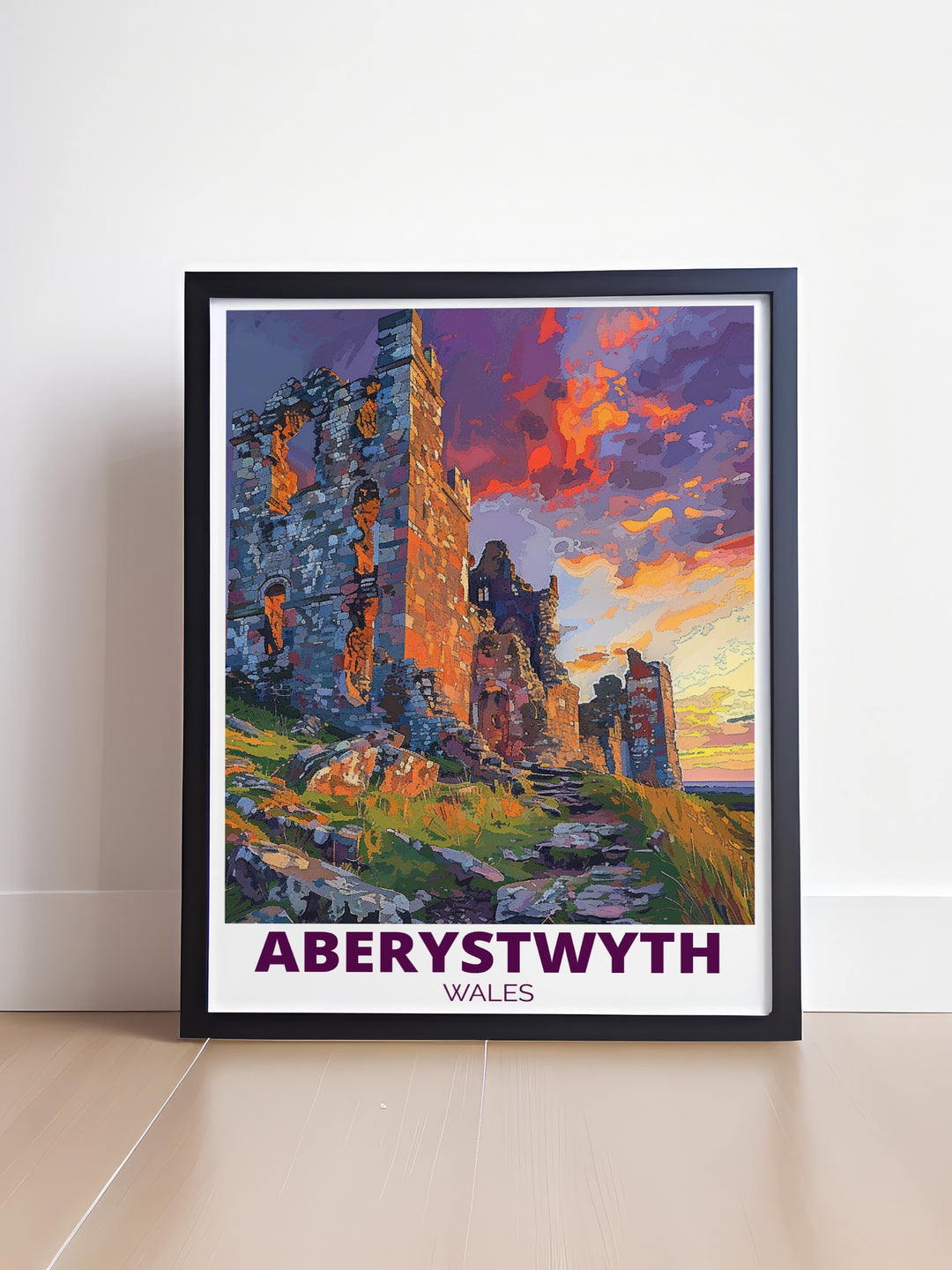 Celebrate the beauty of Aberystwyth with this travel print featuring Aberystwyth Castle against the scenic backdrop of Wales Ceredigion coastline. Perfect for history enthusiasts and nature lovers alike, this wall art brings a piece of Welsh heritage into your living space.