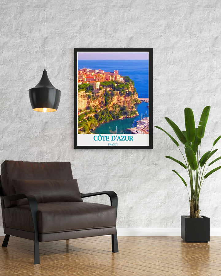 Travel poster of the French Riviera featuring Le Rocher, a historic landmark overlooking Monaco. The detailed illustration captures the regal architecture of the Princes Palace and the serene Mediterranean Sea, making it a perfect addition to any travel enthusiasts collection.