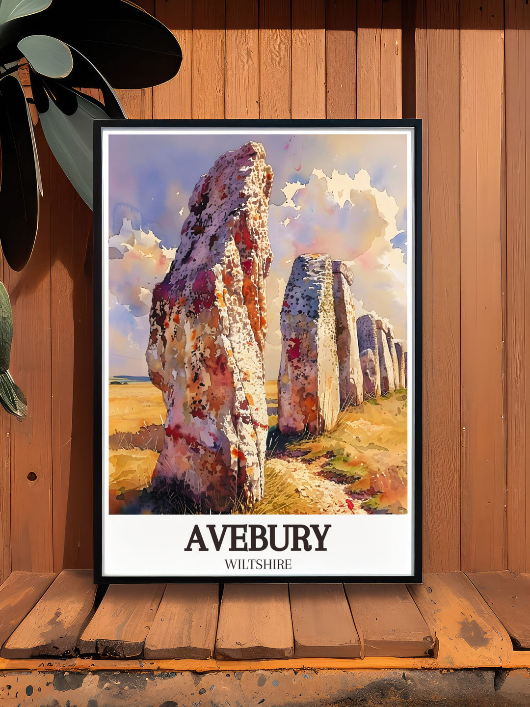 Capture the essence of Englands historical landmarks with this poster featuring Avebury Stone Circle and the North Wessex Downs, perfect for enhancing any living space with their scenic beauty.