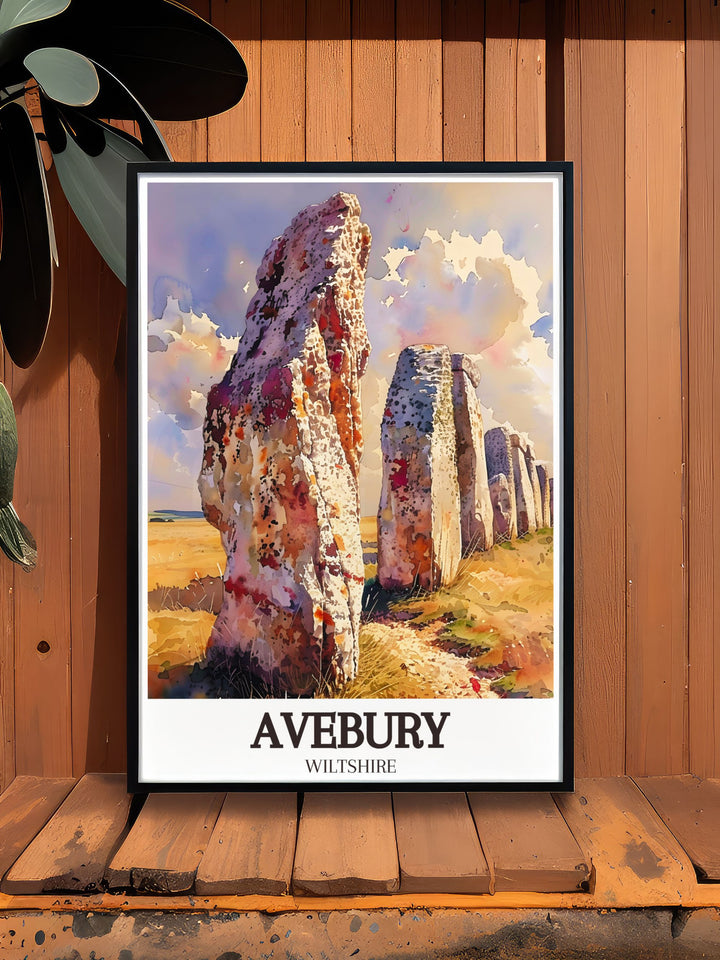 Capture the essence of Englands historical landmarks with this poster featuring Avebury Stone Circle and the North Wessex Downs, perfect for enhancing any living space with their scenic beauty.