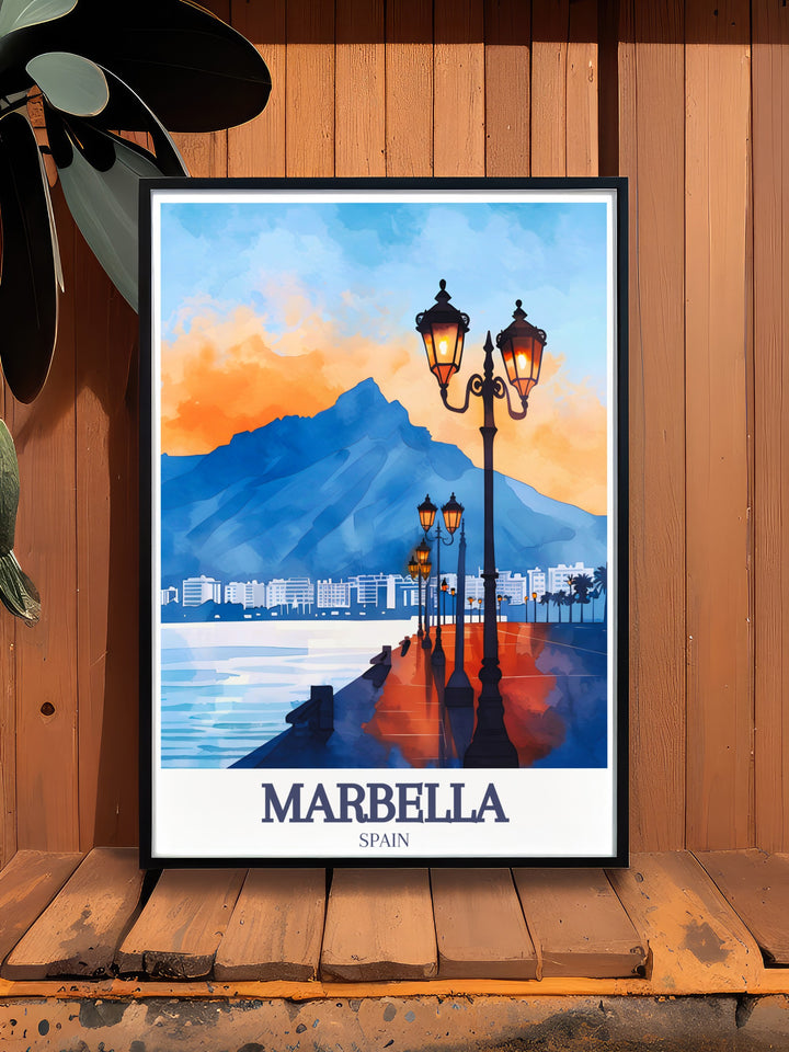 Marbella travel print showcasing the iconic Paseo Marítimo and the impressive La Concha mountain perfect for adding a touch of sophistication to your wall decor