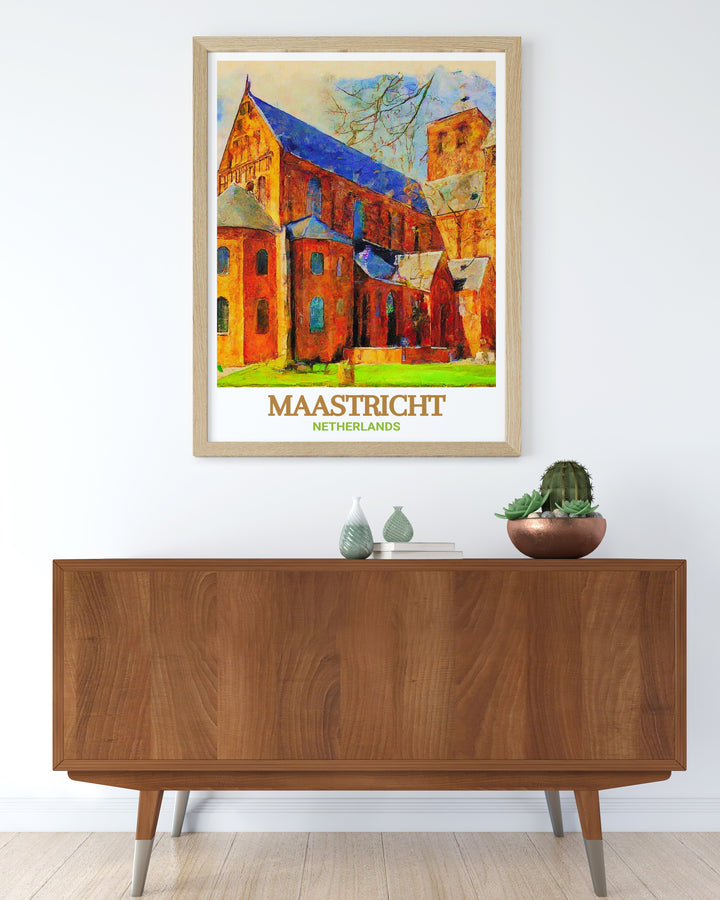 Basilica of Saint Servatius Poster from Maastricht, Netherlands, a stunning piece of wall art that captures the grandeur of this historic church. The detailed print is perfect for anyone looking to bring a piece of Dutch history into their home. Ideal as a Netherlands Travel Gift, this poster is printed on high quality paper for a lasting finish