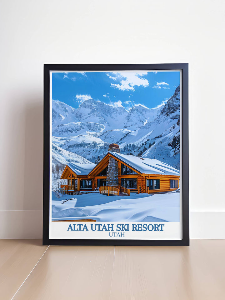 Vintage Ski Poster of Alta Utah highlighting the charm of Snowbird Utah and the majestic ski slopes ideal for ski enthusiasts and lovers of retro art Rustler Lodge modern prints to enhance your space