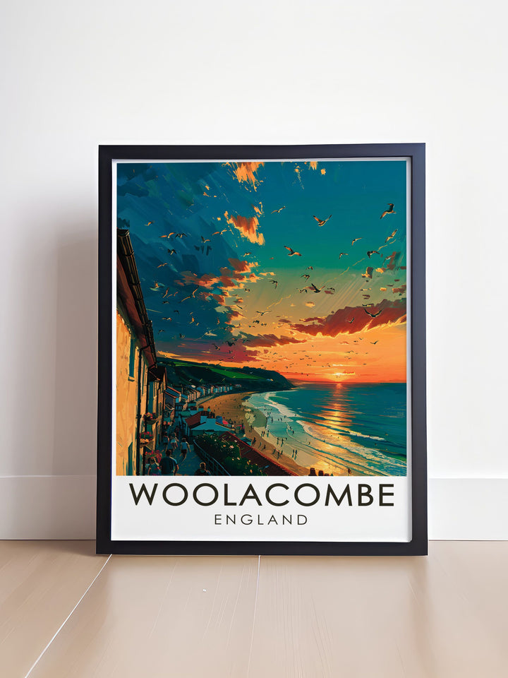 Captivating Woolacombe Esplanade modern decor print displaying the natural beauty of Devons coastline perfect for adding charm and tranquility to your home ideal gifts for mom dad and siblings