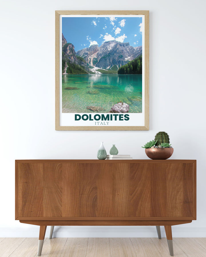 Unique Lago di Braies Poster highlighting the breathtaking landscapes of the Dolomites Italy. This Italy travel print is ideal for home decor and gifts. Bring the beauty of the Italy mountains into your home with this stunning wall art.