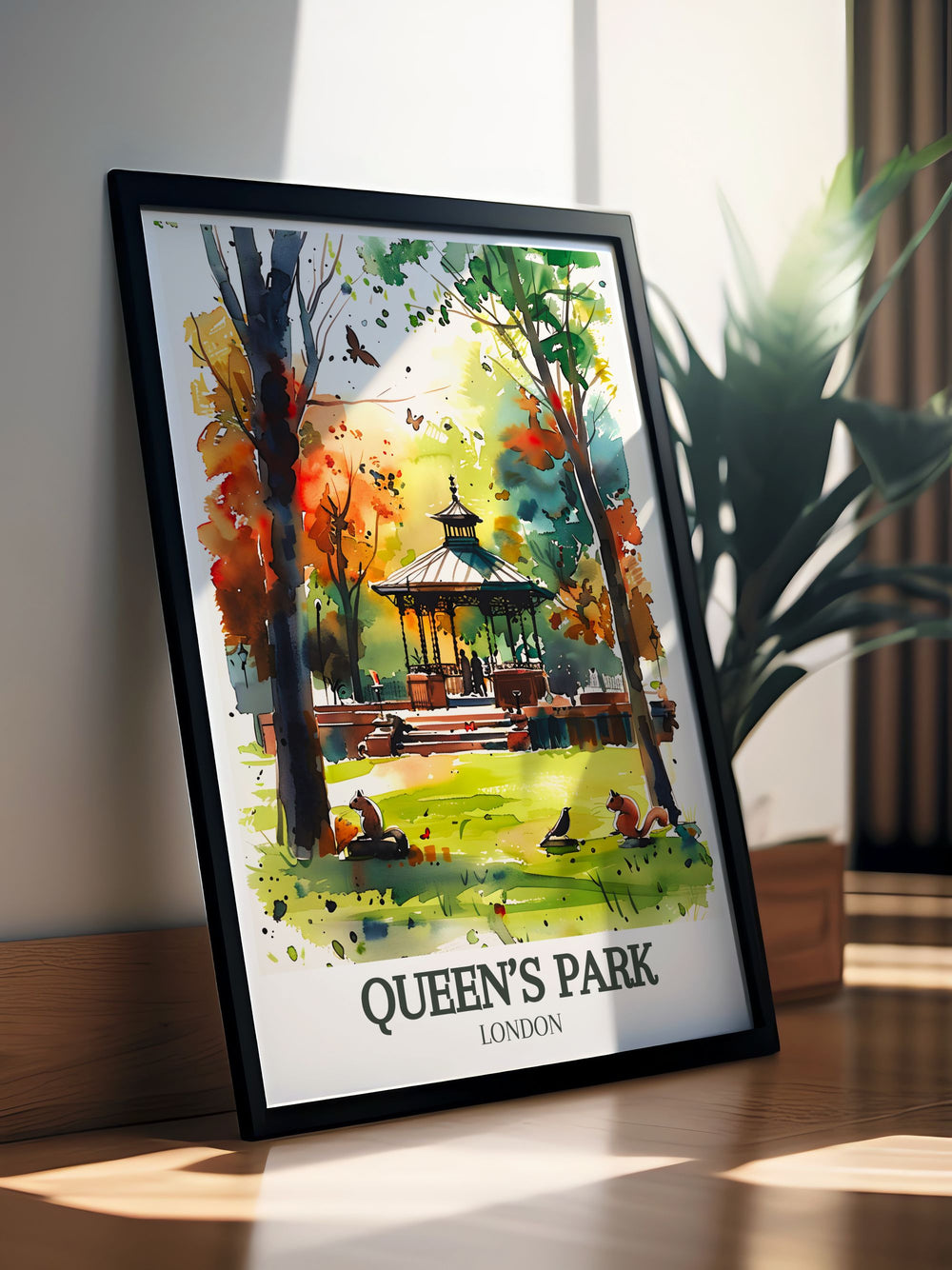 London travel poster capturing the timeless charm of Queens Park Bandstand and the historical significance of Queens Park London an ideal addition to your modern art collection