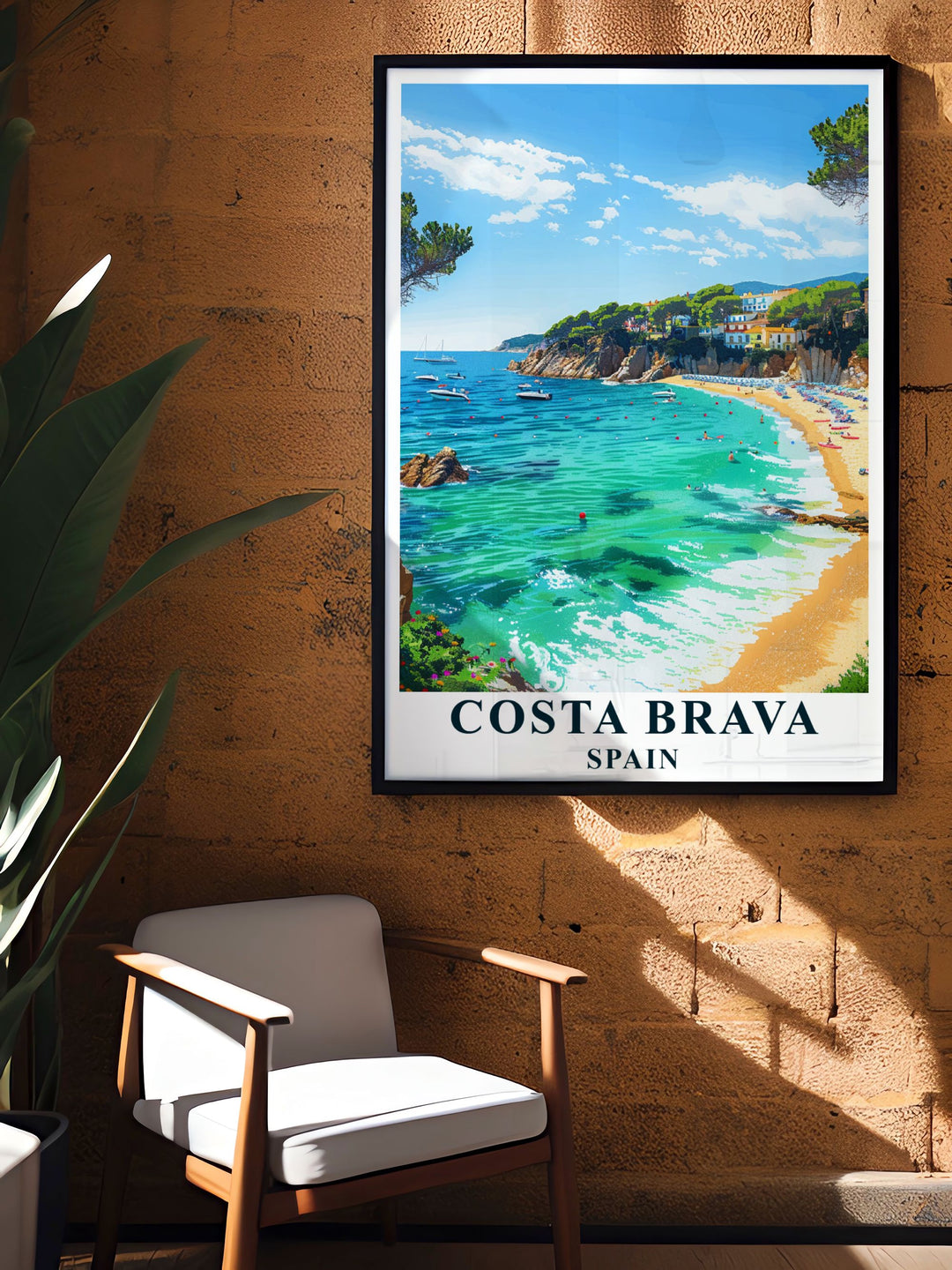 A vibrant print of Costa Brava Beach showcases its golden sands and clear blue waters. Ideal for any space, this poster celebrates the unspoiled beauty and relaxing atmosphere of Spains coastline.