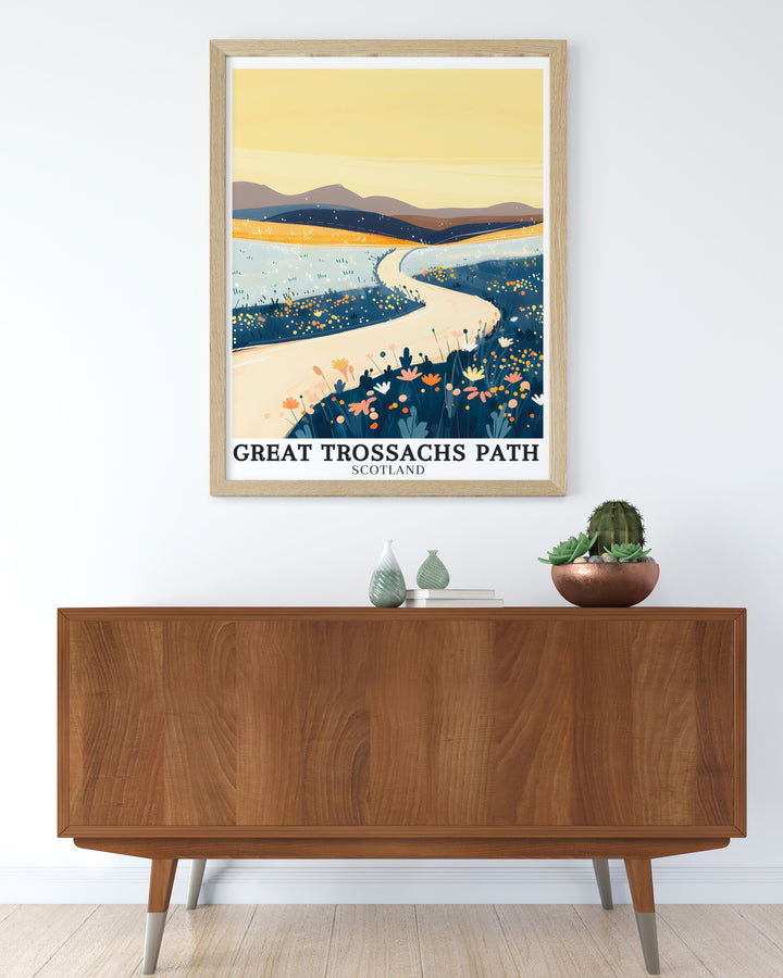 Trossachs National Park art. Showcasing the rugged beauty of Scotlands landscapes, this wall art brings the natural charm of the Great Trossachs Path and Trossachs mountains into your living space. Perfect for enhancing any room with natural elegance.