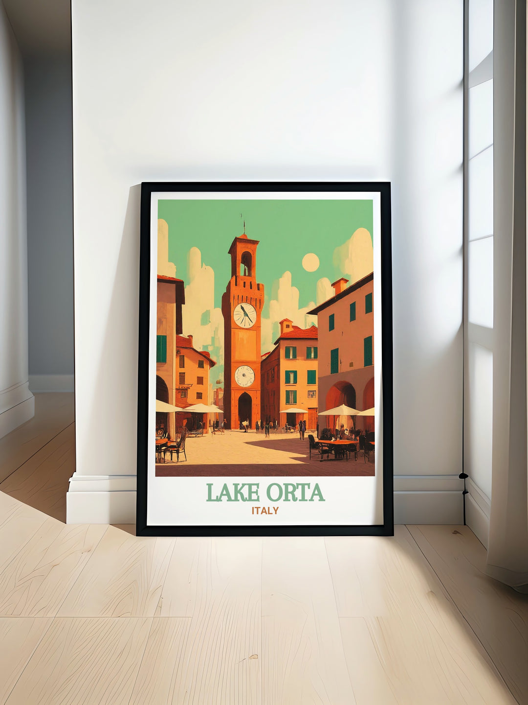 This Lake Orta poster print beautifully captures the calm and tranquil waters of Italys Lake Orta, set against the vibrant life of Piazza Motta. Perfect for home decor, this travel print brings a touch of Italian charm into any room, featuring detailed scenes that evoke the peaceful beauty of the Italian countryside.