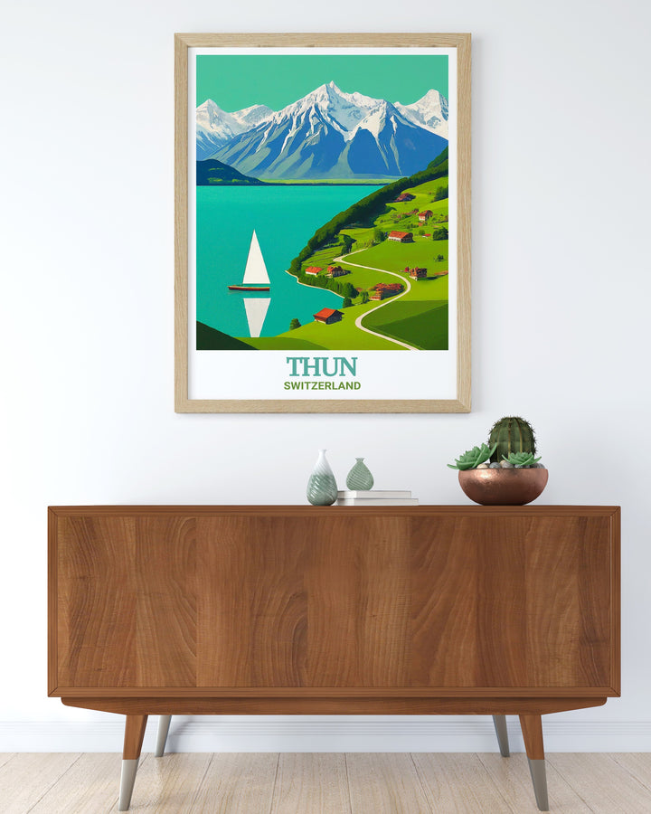 Lake Thun Poster Print showcasing the tranquility of Thuns stunning waters and surrounding hills. A perfect travel gift or decor piece for anyone who loves Swiss nature and Alpine beauty.