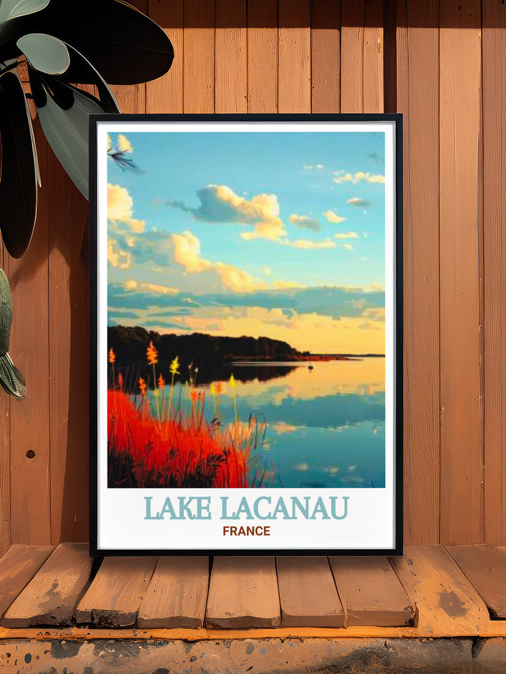 The calming waters of Lake Lacanau and the natural reserve nearby are highlighted in this stunning wall print. This artwork captures the essence of Frances peaceful countryside, making it a perfect addition to your home or office décor.