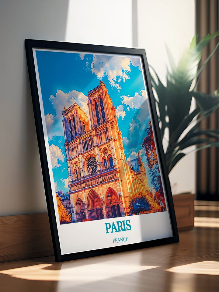 Modern Notre Dame Cathedral Art Print in vibrant hues showcasing Parisian charm. Ideal for enhancing your living space or as a unique gift for those who love Parisian landmarks.