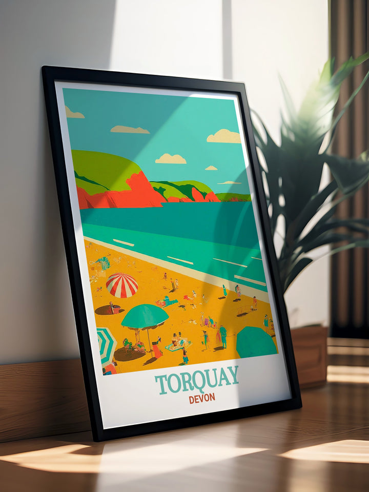 A vintage poster of Torquays Meadfoot Beach, offering a serene glimpse of Devons peaceful coastline. The print captures the natural beauty of the area, making it an excellent piece for beach lovers and travel enthusiasts alike.