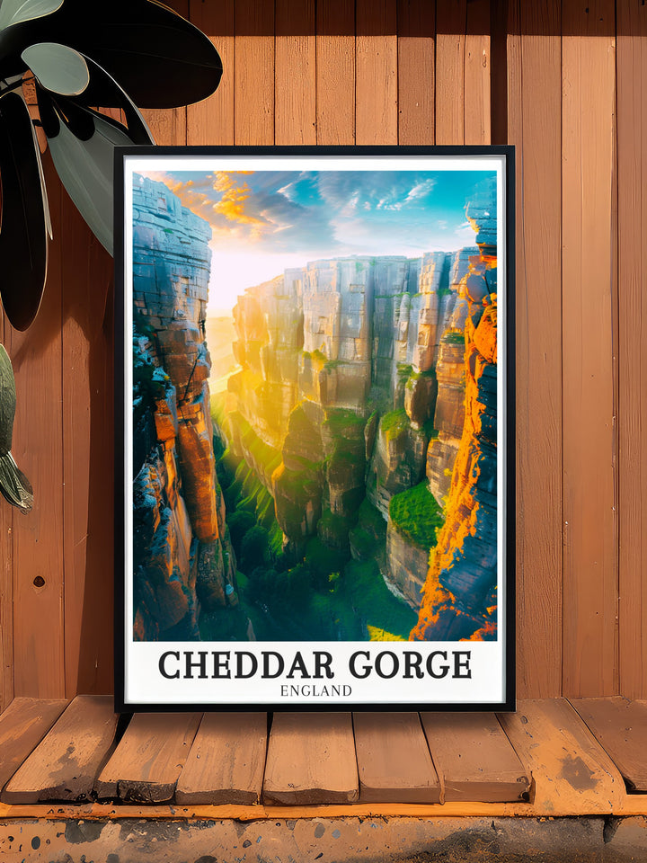 Cheddar Gorge vintage poster showing the breathtaking cliffs and surrounding Mendip Hills, a timeless art piece that brings a touch of nature and adventure into your living space.