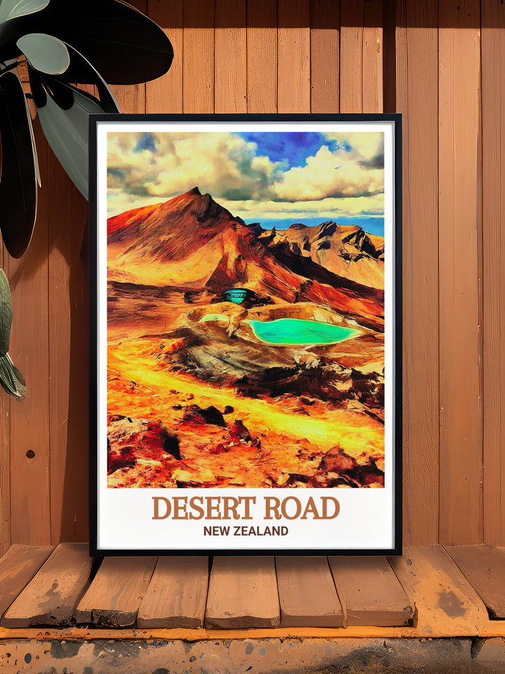 Travel Print Poster featuring Desert Road captures the vibrant journey through rugged terrain while Tongariro National Park Modern Art offers a tranquil contrast with its serene depiction of iconic landscapes perfect for transforming any room in your home.