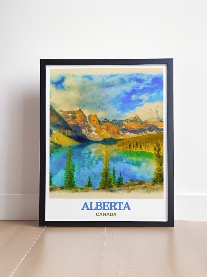 Travel poster of Banff National Park in Alberta, featuring iconic landmarks and breathtaking scenery. Perfect for nature enthusiasts and those who love to explore the great outdoors.