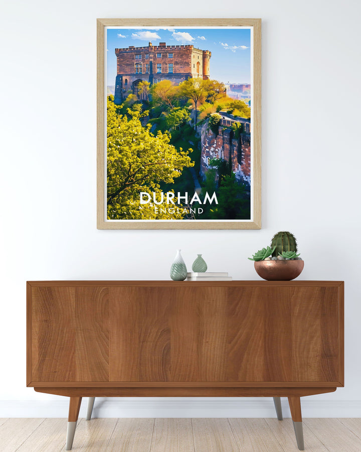 This travel poster of Durham Castle captures the dramatic beauty and historical significance of one of Englands most treasured landmarks, offering a glimpse into the citys past.