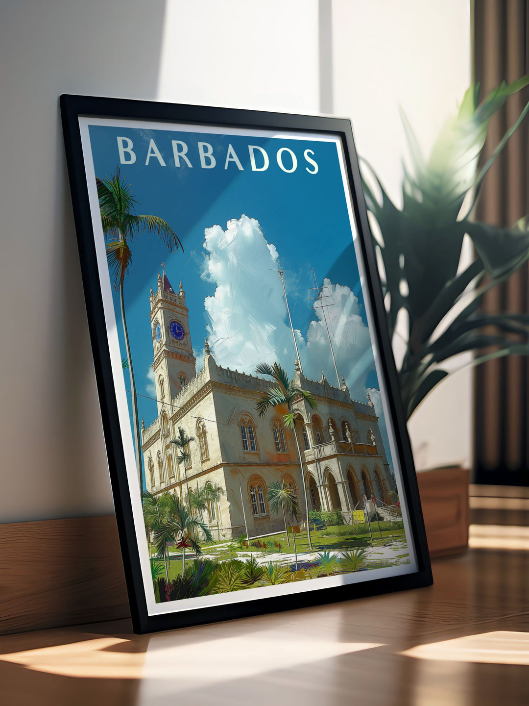 Vintage poster of Barbados capturing the islands natural beauty and historic landmarks, perfect for those who appreciate the classic and timeless appeal of Caribbean art.