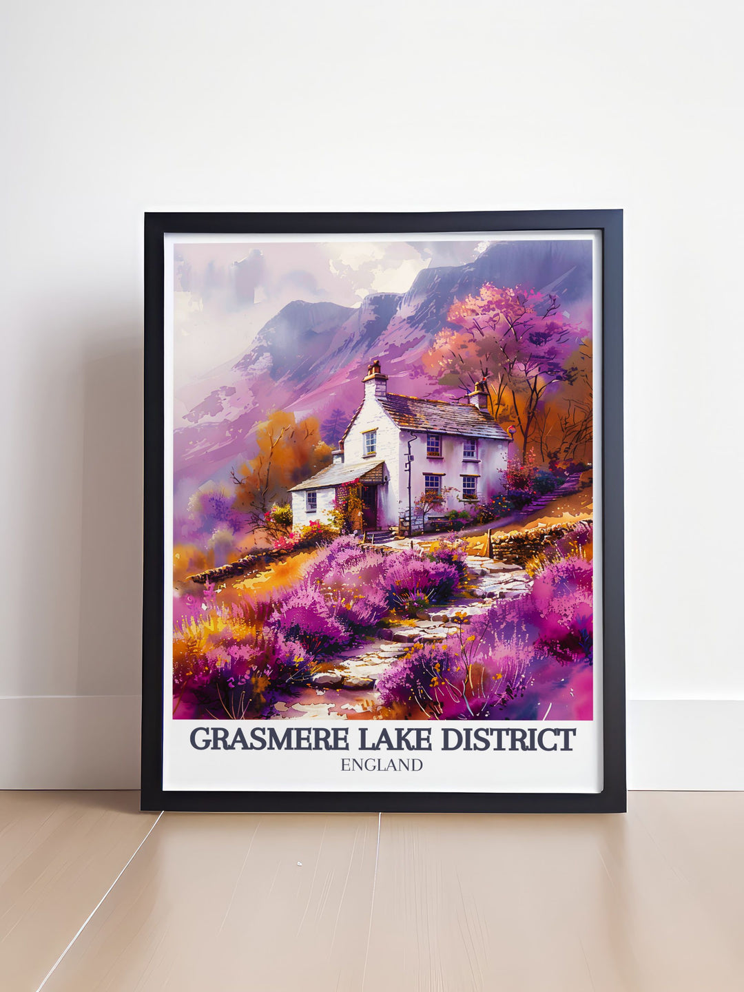 Highlighting the charm of Grasmere Village in the Lake District, this poster showcases historic stone cottages and vibrant gardens, perfect for bringing the timeless beauty of English villages into any space.